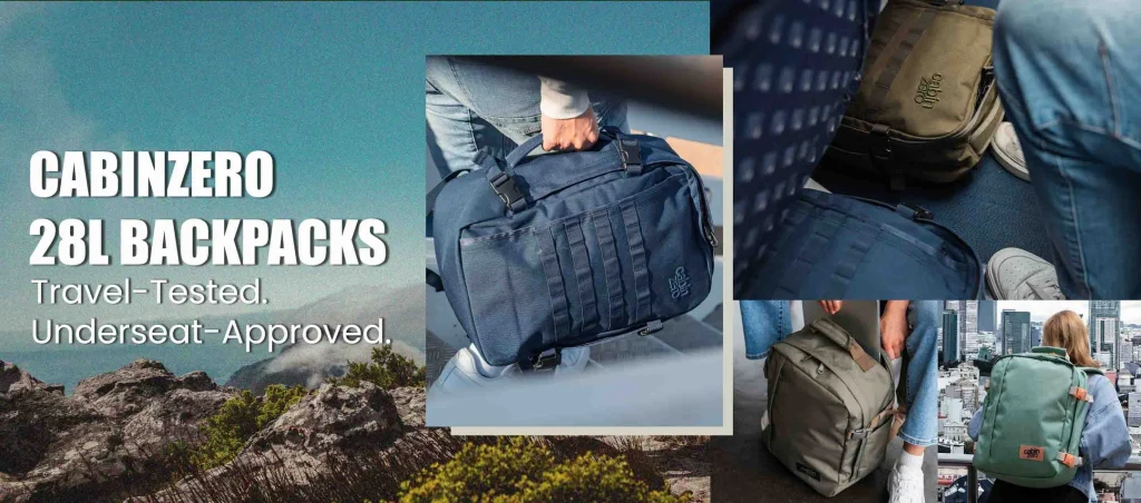 Paisaje de fondo y tres mochilas CabinZero azul, verde, gris y verde claro.