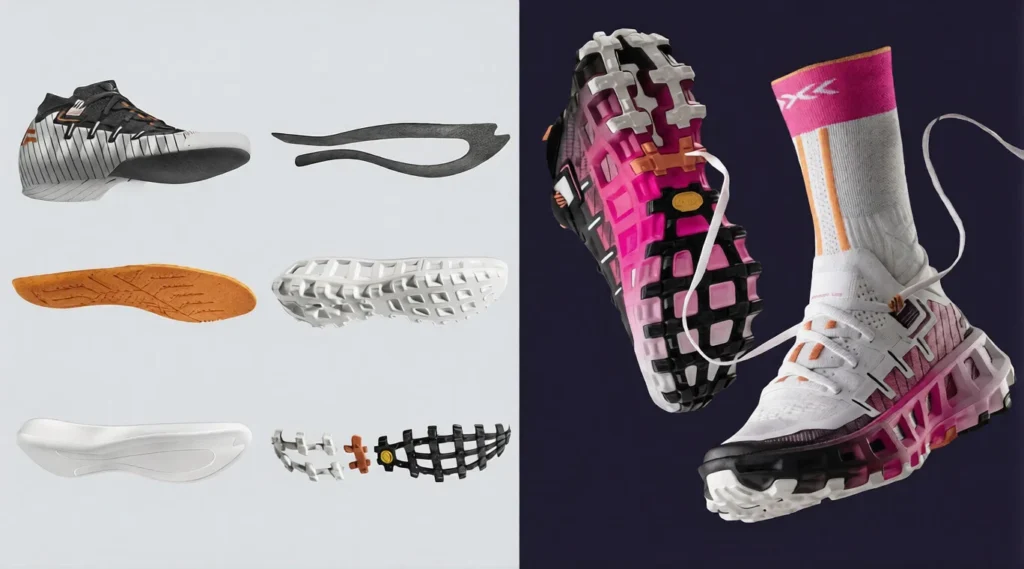 En el lado izquierdo un botín y despiece de la zapatilla Xbionic Terrasking y al lado dos zapatillas una con la vista de la suela y la otra con el calzacetín y la zapatilla blanca, rosa y negra.