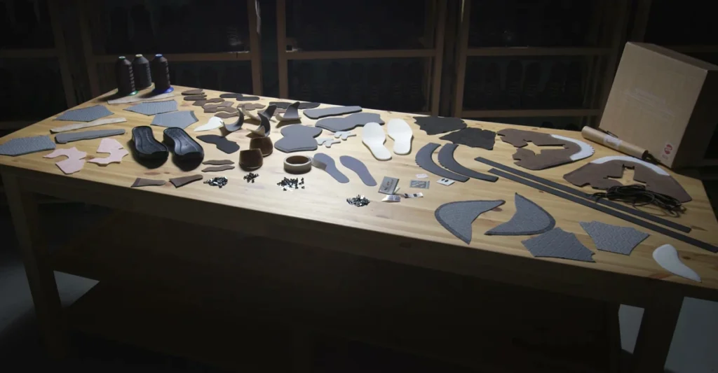 Piezas de una bota hanwag sobre una mesa de madera marrón.