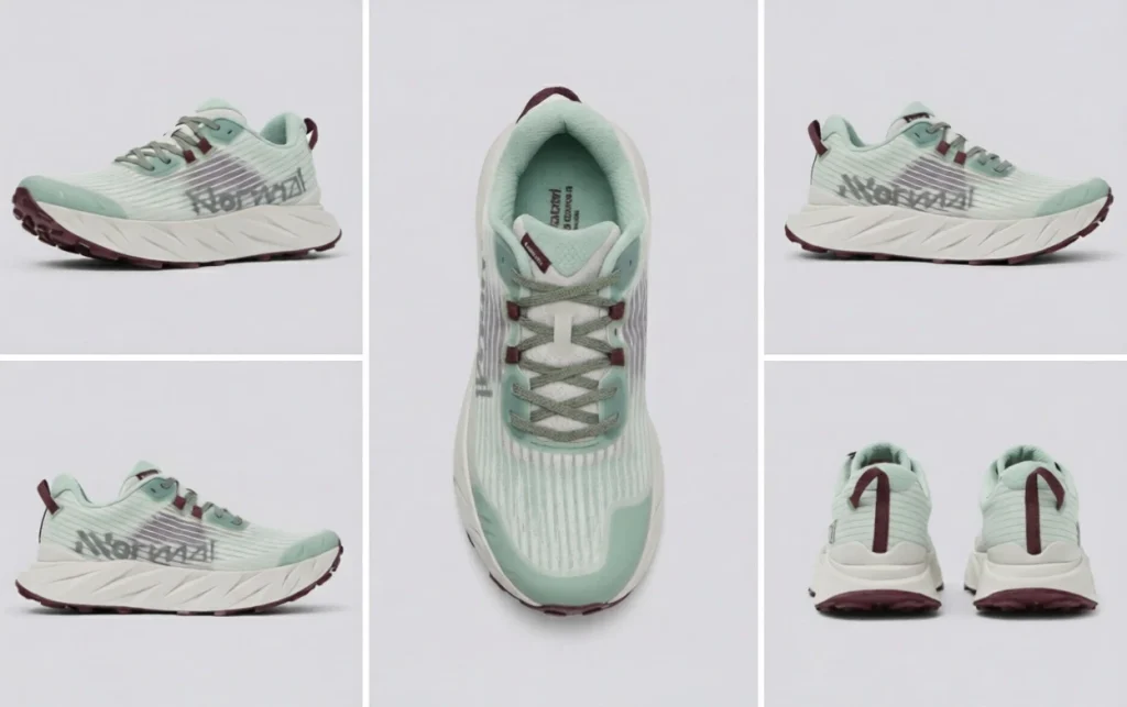 Zapatilla Nnormal Cadí en color verde y burdeos en distintas vistas